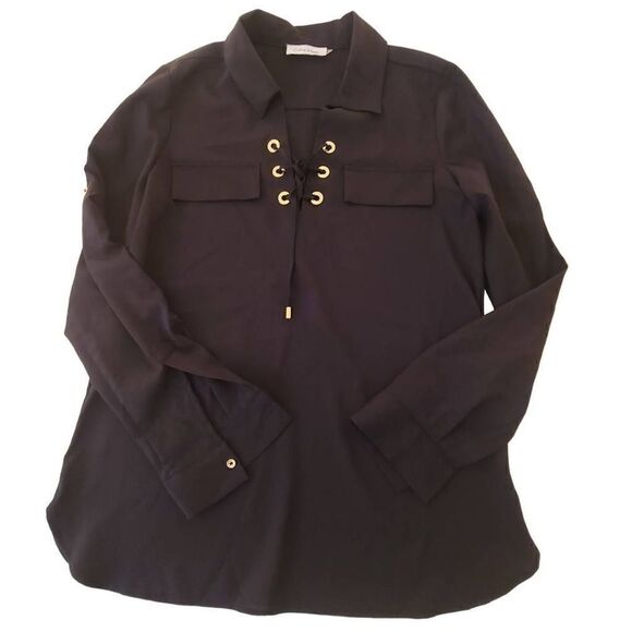 Calvin Klein Womens Black Gromit Tie V Neck Collared Roll Tab Sleeves Blouse - Picture 3 of 9